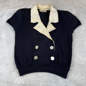 Vintage Valentino Studio Navy Knit Top Floral Embroidered Scallop Collar Italy